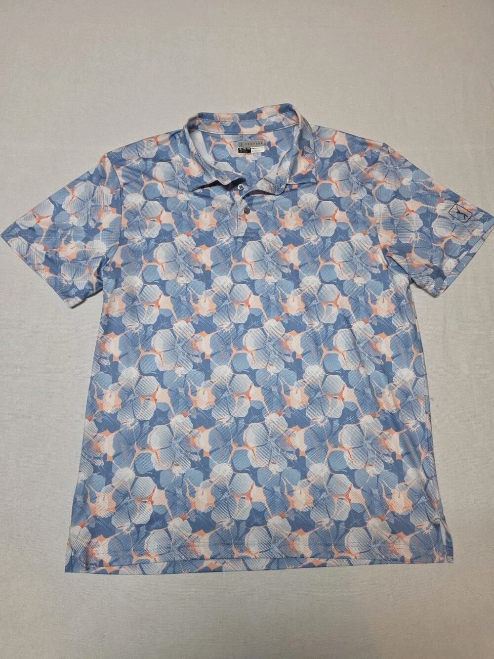 PGA Tour Men’s Size XL Blue Orange Floral Print Pro Series Golf Polo Shirt